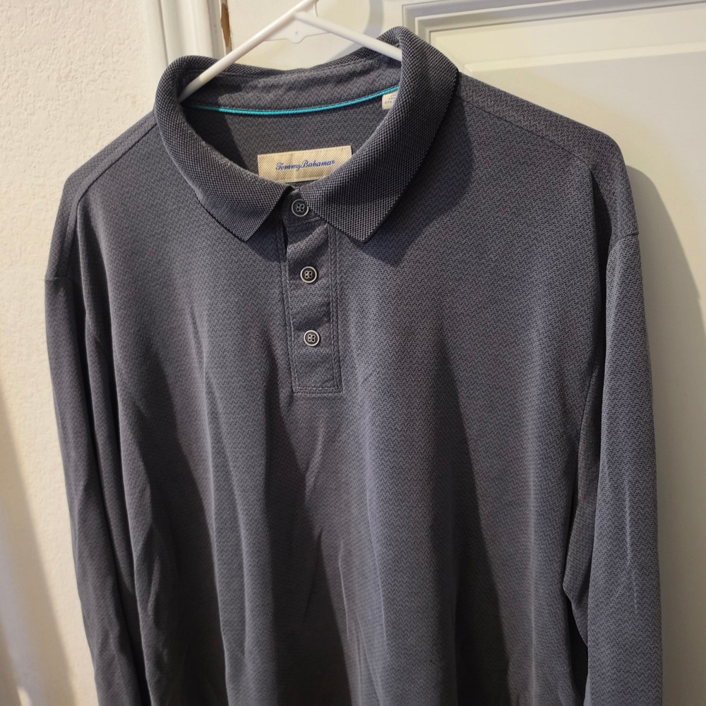 Tommy Bahama Mens XL Gray Textured Long Sleeve Polo Shirt Modal Blend Marlin